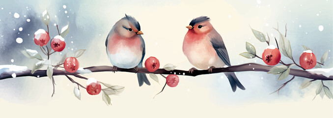Watercolor Christmas card with bullfinches on a branch with red berries. Generated AI