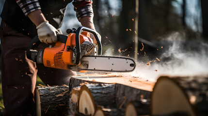 Close up of construction worker cutting trees using portable gasoline chainsaw - obrazy, fototapety, plakaty