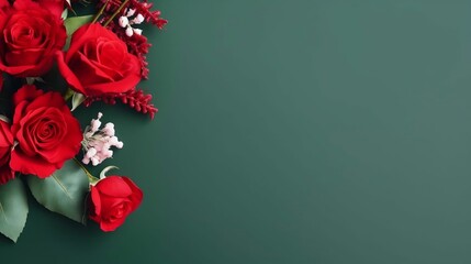 Bright red bouquet on green copy space background