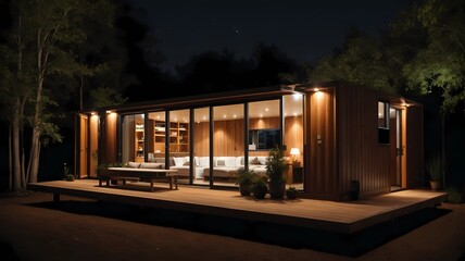 A Beech-Themed Container House with Exquisite Interior Design, Illuminated in Tranquil Nightscapes