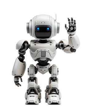 Android robot raising hands to greet humans on transparent background PNG