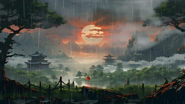 Fantasy rain landscape on Japanese anime drawing style. Rainy season looping 4k animation video