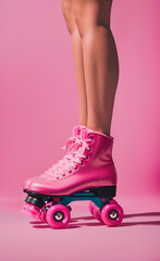 Cropped view of woman legs in pink roller skates on pink background. 