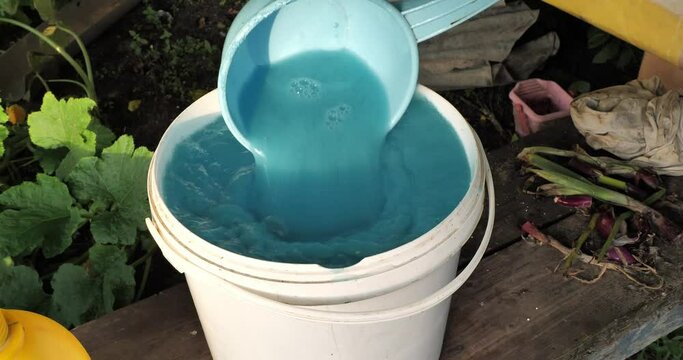 A woman mixes fertilizers dissolved in water with a ladle. A gardener prepares fertilizers to feed plants in his garden. A woman carefully mixes a blue solution in a bucket in the garden.