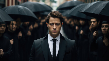 Businessman wearing suit standing in a crowd of people with black umbrellas walking backward - obrazy, fototapety, plakaty