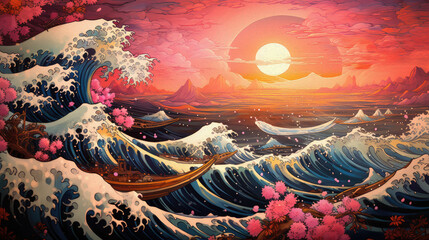 the moon above waves and an ocean, Japanese painting - obrazy, fototapety, plakaty