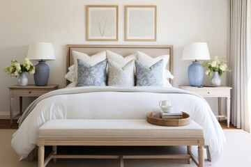 A Tranquil Bedroom Oasis: Serene Elegance and Timeless Charm in Beige Tones, Creating Harmony and Peaceful Aesthetic.