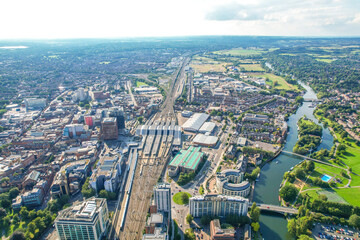 amazing aerial view of the downtown and railway station of Reading, Berkshire, UK