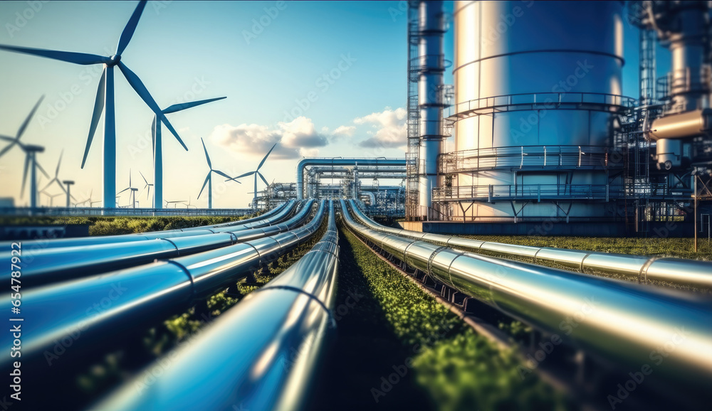 Aufkleber wind turbines with pipeline in an industrial zone.