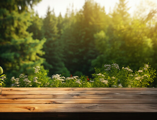 Rustic blank wooden table set against a sunlit, blurred forest backdrop