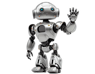 Android robot raising hands in greeting on transparent background PNG. Future robot technology concept.