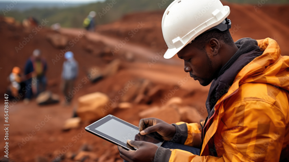 Fototapete african mining construction worker working in open pit quarry using digital tablet.