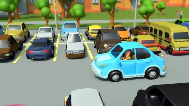 Driving trying to park his car but can't find space to park at free parking lot in urban city 3d animation scene.