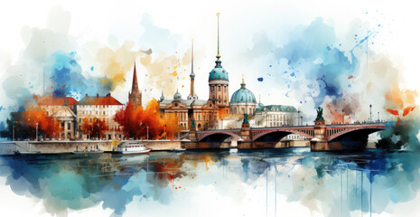Berlin skyline of watercolor painting - obrazy, fototapety, plakaty