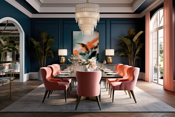A Luxurious and Spacious Dining Room with Elegant Furnishings, Navy Blue and Coral Colors, and Modern Accents Creating a Harmonious and Sophisticated Coastal Ambiance.