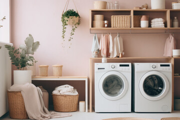 A Cozy Scandinavian Bohemian Laundry Room with Serene White and Pastel Colors, Stylish Wooden Accents, and Natural Light for a Calming and Tidy Laundry Routine.