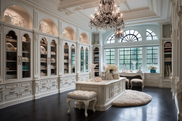 Exquisite French Provincial Style Walk-in Closet: Luxurious organization and opulent functionality with spaciousness, ornate accents, and plentiful storage solutions.