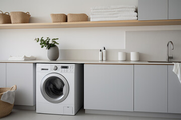 A Serene and Elegant Laundry Room in Scandinavian Minimalist Style with White and Light Gray Color Scheme, Offering Clean and Organized Laundry Organization, Sleek Design