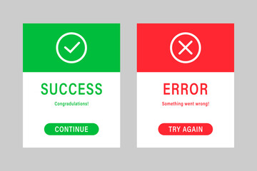 Success or error message windows or pop ups. Success message window. Error window or popup. Site interface banners. ui design. Vector - obrazy, fototapety, plakaty