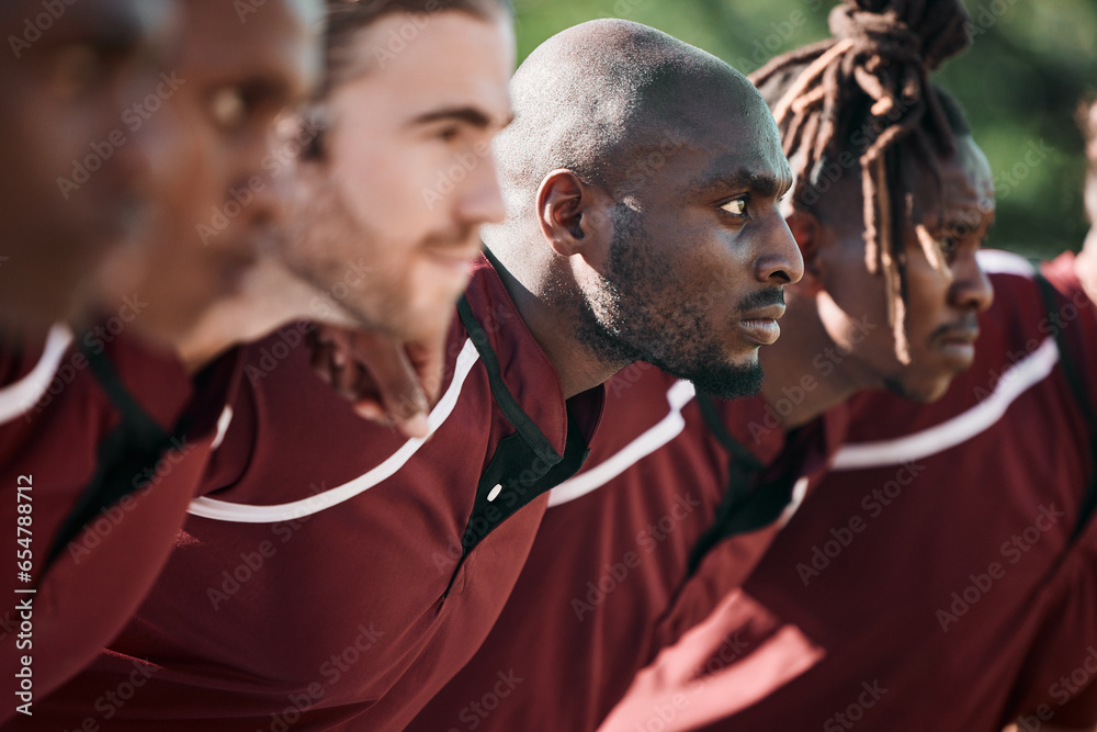 Poster Scrum, rugby and men with commitment, game and fitness with support, training and competitive. People, players and guy on a field, teamwork and exercise with breathing, match and huddle with sports