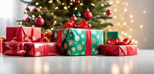 Colorful christmas holiday lights reflecting off a glossy white surface, adorned with ornaments and garlands, with a minimalist Christmas tree surrounded by perfectly wrapped gifts.