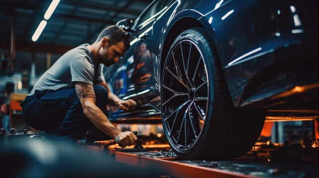 Auto mechanic working at automotive service mechanics garage. - Powered by Adobe