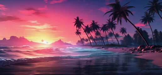 Some palm trees and islets on the beach in the sunset