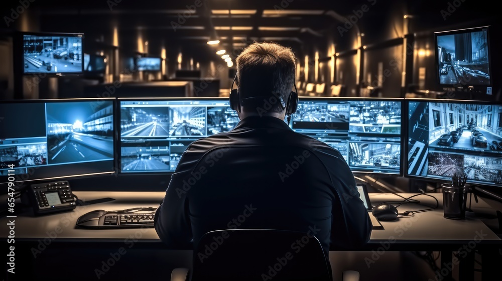 Poster security worker looks view from security camera on monitor in control room. cctv technology.