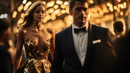Couple of stars in gorgeous evening gowns and suit walking on the red carpet posing for awards ceremony. - obrazy, fototapety, plakaty