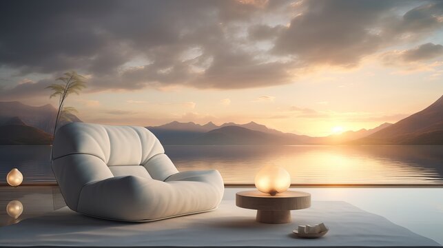 Unwind in Luxury on a Mountain-View Terrace: Outdoor Sofa, Table Furniture Design with Marble Accents