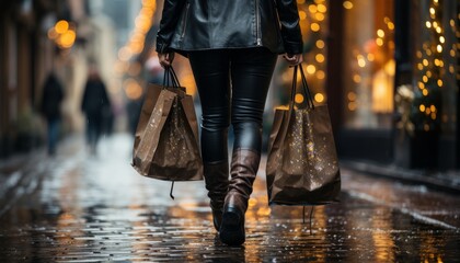 Women walking on the street with shopping bags - obrazy, fototapety, plakaty