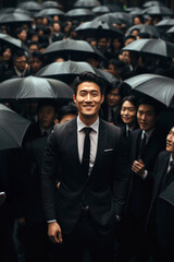 Obraz premium Businessman wearing suit smiling and standing in a crowd of people with black umbrellas walking backward
