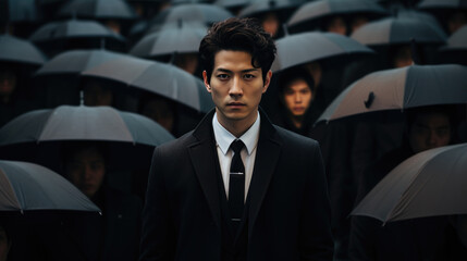 Businessman wearing suit standing in a crowd of people with black umbrellas walking backward