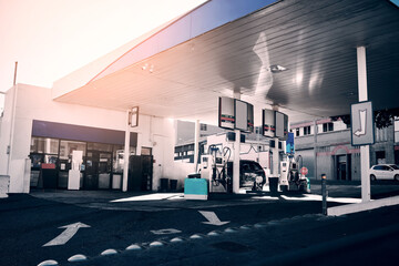 Gas station, cars and fuel for travel or transportation, auto stop and diesel service. Morning,...