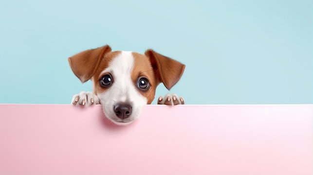 Conceito animal criativo. cachorro fofo  espiando sobre um fundo pastel brilhante