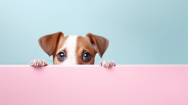 Conceito animal criativo. cachorro fofo  espiando sobre um fundo pastel brilhante
