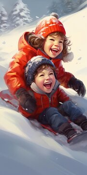 Children are sledding down the snowy slope
