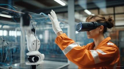 Female Industrial Engineer Wearing Virtual Reality Headset and Holding Controllers, She Uses VR technology for Industrial Design, - obrazy, fototapety, plakaty