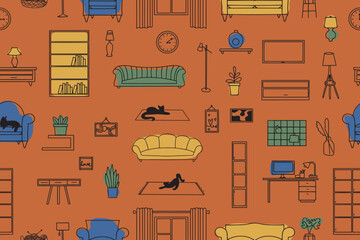 Seamless pattern of furniture, lamps, interior items. Modern vector illustration for banner, web page, print media. 