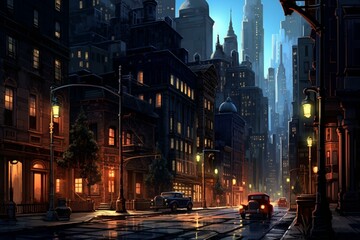 Fototapeta na wymiar Nighttime city scene with towering skyscrapers and dimly-lit alleys. Generative AI