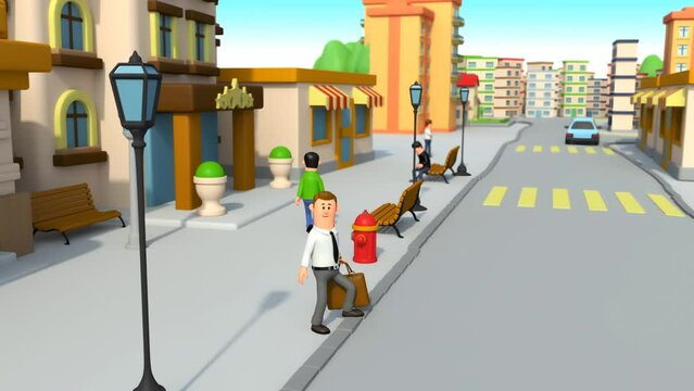 3D business man trying to stop taxi but got disappointed. Waiting for cab on street 3d cartoon animated.