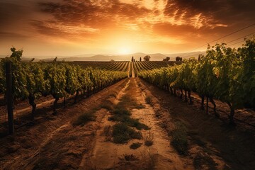 Vineyard at sunset, golden hour, picturesque landscape.