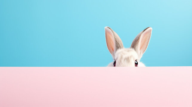 Conceito animal criativo. Coelho  espiando sobre um fundo pastel brilhante