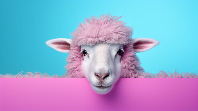 Conceito animal criativo. Ovelha  espiando sobre um fundo pastel brilhante