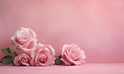 pink roses in a vase. Banner with frame made of rose flowers and green leaves on a pink background