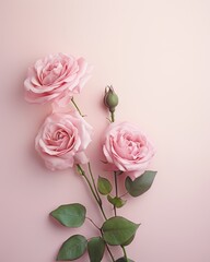 pink roses on a white. Banner with frame made of rose flowers and green leaves on a pink background
