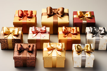 Colorful gift boxes with ribbon isolated on background.Top view