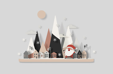 Santa Claus in mountain village against the backdrop of houses and snowfall. Christmas vector isolated illustration. Paper cut style. Minimal design

