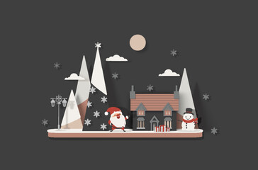 Santa Claus and snowman stand near country house with Christmas trees and lantern and snowflakes. Paper cut style. Christmas vector isolated illustration