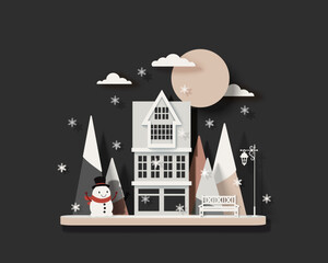 Winter snowy night landscape with a villa or hotel among fir trees and snowman. Paper cut style. Christmas vector isolated illustration